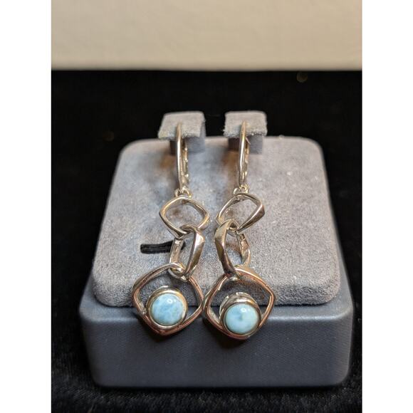 925 Sterling Silver Loopy Dangle Leverback Larimar Stone Earrings - Picture 6 of 6